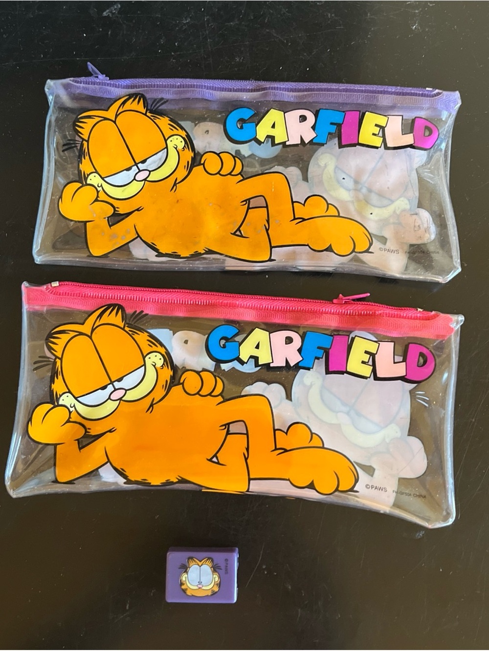 vintage 90s Garfield Pencil cases Pink new/purple used  and sharpener (3 pieces)